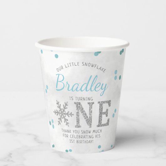 スノーフレーク冬1歳の誕生日 紙コップ (正面)