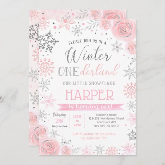 スノーフレーク冬1st誕生日パーティの招待状 招待状 (正面/裏面)