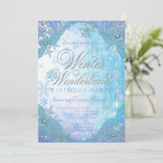 スノーフレーク凍っていウィンターワンダーランド誕生日パーティー 招待状 (スタンド正面)
