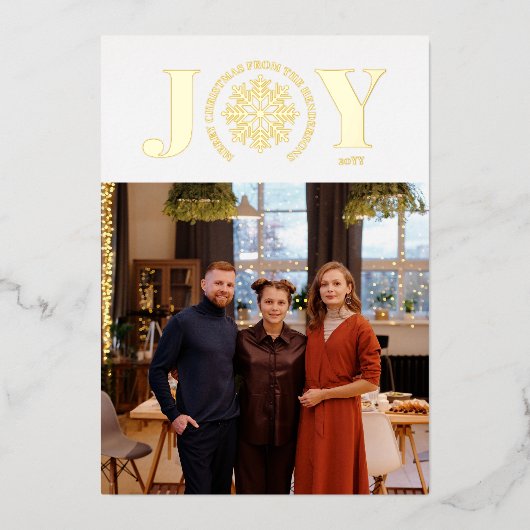 スノーフレーク喜び曲線文字写真メリークリスマス 箔シーズンカード (正面)