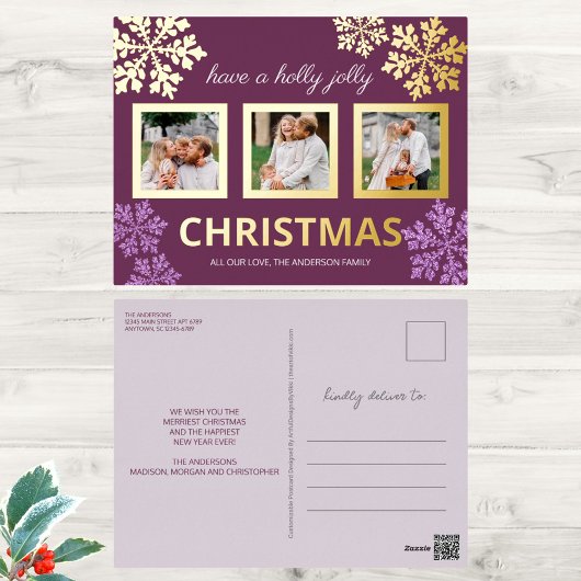 スノーフレーク梅きらきら光る3写真クリスマス金ゴールド 箔シーズンポストカード