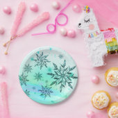 スノーフレーク渦ティール（緑がかった色）青緑色ホワイト ペーパープレート (パーティー)