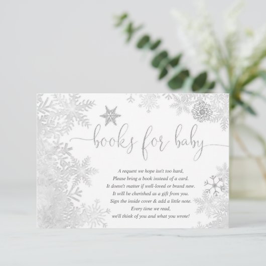 スノーフレーク男女兼用赤ちゃんシャワーブックリクエスト エンクロージャーカード (スタンド正面)