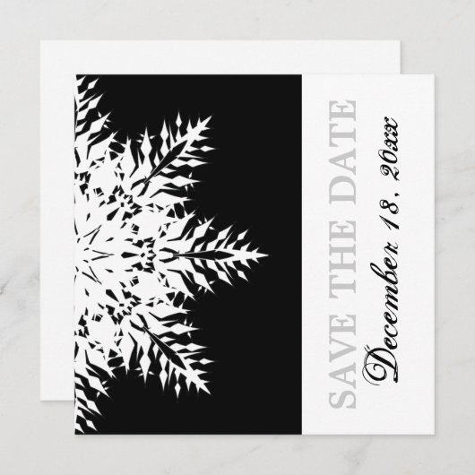 スノーフレーク白黒冬の結婚式の日付を保存 招待状 (正面/裏面)