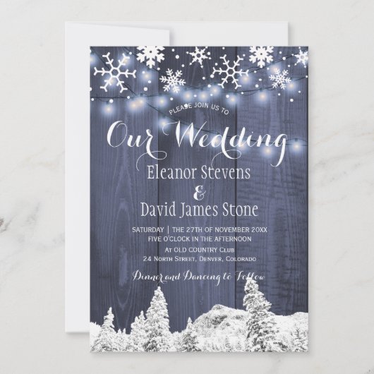スノーフレーク納屋の木の冬のワンダー結婚ランド 招待状 (正面)