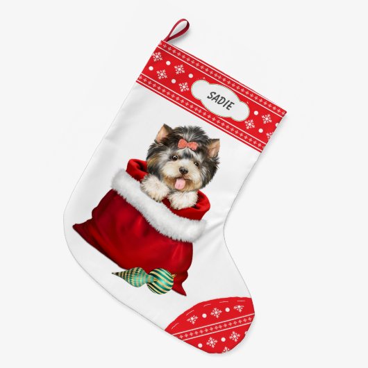 スノーフレーク縁どヨークシャーテリアギフトサプライズ ラージクリスマスストッキング (正面 (吊り時))
