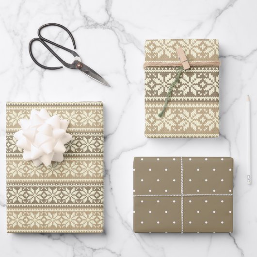 スノーフレーク茶色の北欧ニットフェイクセーターのパターン ラッピングペーパーシート (正面)