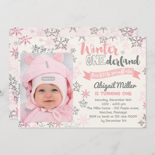 スノーフレーク誕生日招待状 – ウィンターオネダーランド 招待状 (正面/裏面)