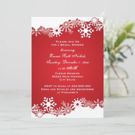 スノーフレーク赤い白い冬の結婚式ブライダルシャワー 招待状 (スタンド正面)