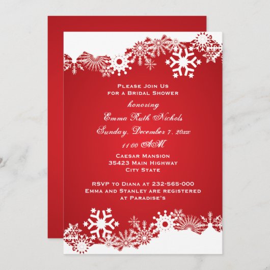 スノーフレーク赤い白い冬の結婚式ブライダルシャワー 招待状 (正面/裏面)