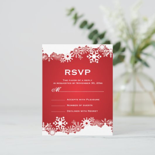 スノーフレーク赤い白い冬の結婚式RSVP 出欠カード (スタンド正面)