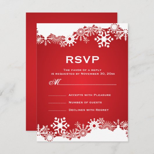 スノーフレーク赤い白い冬の結婚式RSVP 出欠カード (正面/裏面)