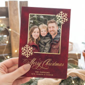 スノーフレーク赤ベルベット写真メリークリスマス 箔シーズンカード