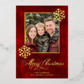 スノーフレーク赤ベルベット写真メリークリスマス 箔シーズンカード (正面)
