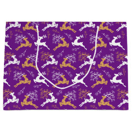 スノーフレーク金ゴールドホワイトトナカイのクリスマスパープル ラージペーパーバッグ