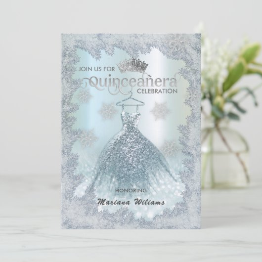 スノーフレーク青のドレスティアラグラデーションキンセアニラ 招待状 (スタンド正面)