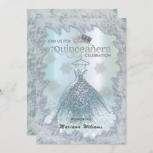 スノーフレーク青のドレスティアラグラデーションキンセアニラ 招待状 (正面/裏面)