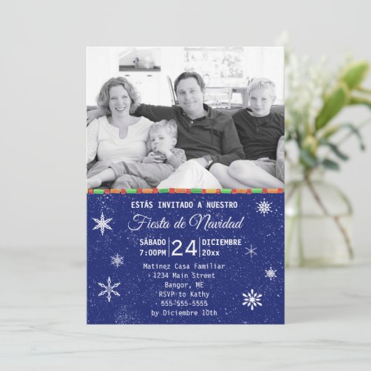 スノーフレーク青スペインの写真クリスマスパーティー 招待状 (スタンド正面)