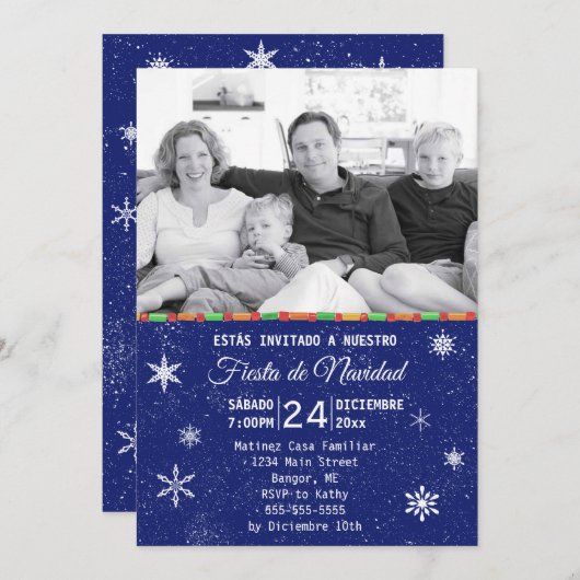 スノーフレーク青スペインの写真クリスマスパーティー 招待状 (正面/裏面)