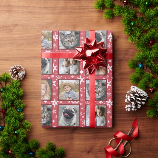 スノーフレーク5カスタムファミリーフォトコラージュレッド簡単 ラッピングペーパー (クリスマスギフト)