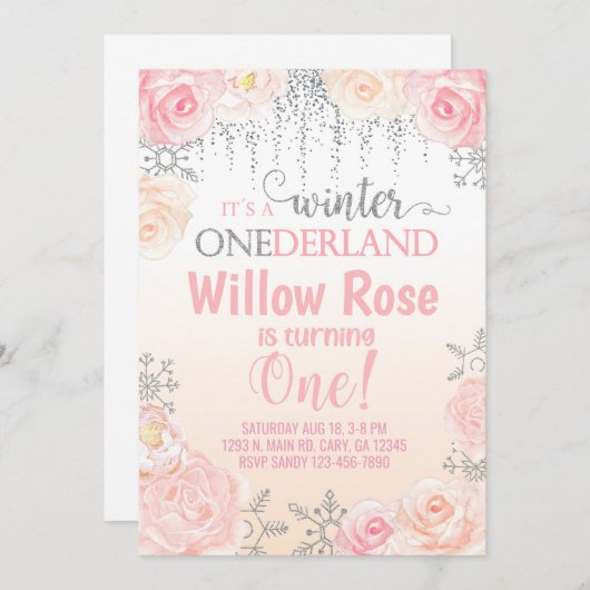 スノーフレーク・ウィンターガール1st誕生日招待状。i 招待状 (正面/裏面)