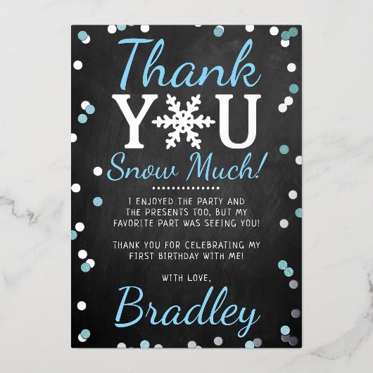 スノーフレーク・ウィンター1st誕生日ありがとうホイルカード 箔招待状 (正面)