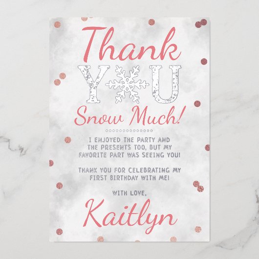 スノーフレーク・ウィンター1st誕生日ありがとうホイルカード 箔招待状 (正面)