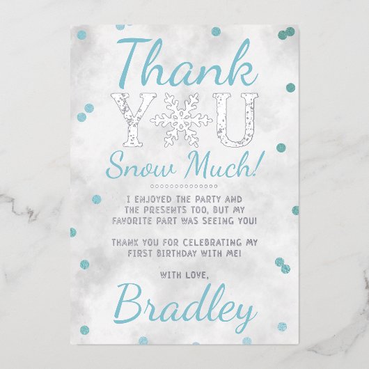 スノーフレーク・ウィンター1st誕生日ありがとうホイルカード 箔招待状 (正面)