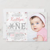 スノーフレーク ウィンター 1歳の誕生日写真 招待状 (正面)