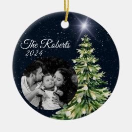 スノーフレーク&ツリーズウィンターエレガントチャームネイビーブルー セラミックオーナメント