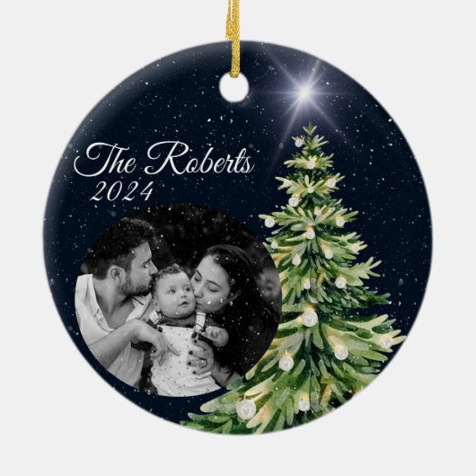 スノーフレーク&ツリーズウィンターエレガントチャームネイビーブルー セラミックオーナメント (裏面)