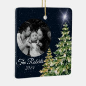 スノーフレーク&ツリーズウィンターエレガントチャームネイビーブルー セラミックオーナメント (右)