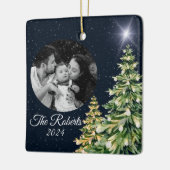 スノーフレーク&ツリーズウィンターエレガントチャームネイビーブルー セラミックオーナメント (左)