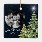 スノーフレーク&ツリーズウィンターエレガントチャームネイビーブルー セラミックオーナメント (裏面)