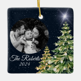 スノーフレーク&ツリーズウィンターエレガントチャームネイビーブルー セラミックオーナメント