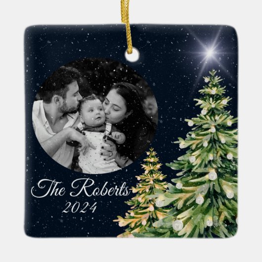 スノーフレーク&ツリーズウィンターエレガントチャームネイビーブルー セラミックオーナメント (正面)