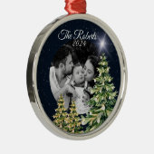 スノーフレーク&ツリーズウィンターエレガントチャームネイビーブルー メタルオーナメント (右)