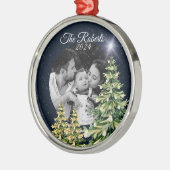 スノーフレーク&ツリーズウィンターエレガントチャームネイビーブルー メタルオーナメント (左)