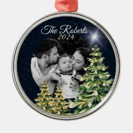 スノーフレーク&ツリーズウィンターエレガントチャームネイビーブルー メタルオーナメント