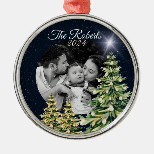 スノーフレーク&ツリーズウィンターエレガントチャームネイビーブルー メタルオーナメント (正面)