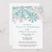 スノーフレーク ティール ブルー シルバー ウィンター スウィート 16 招待状 (正面/裏面)