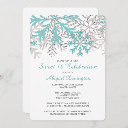 スノーフレーク ティール ブルー シルバー ウィンター スウィート 16 招待状 (正面/裏面)