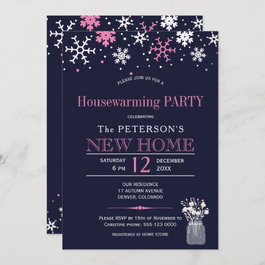 スノーフレーク・ネイビーピンク冬引っ越し祝いパーティーパーティー 招待状 (正面/裏面)