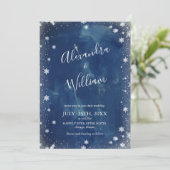 スノーフレーク・ネービー・ブルー・ウォーター・カラー・ウィンター・ウェディング 招待状 (スタンド正面)