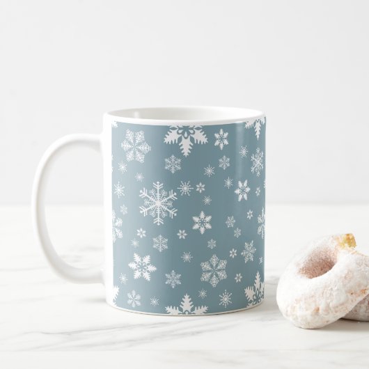 スノーフレーク・パターン、白い雪、雪、グレー コーヒーマグカップ (ドーナツ)