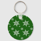 スノーフレーク・パターン、白い雪、雪、緑 キーホルダー (正面)