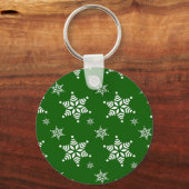 スノーフレーク・パターン、白い雪、雪、緑 キーホルダー (正面)
