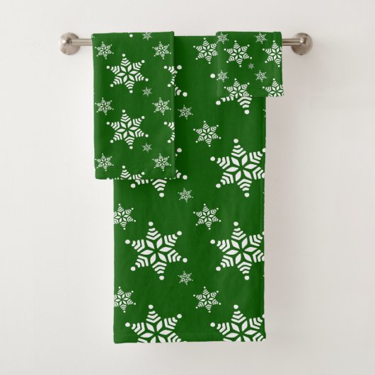 スノーフレーク・パターン、白い雪、雪、緑 バスタオルセット (インサイチュ)