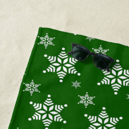 スノーフレーク・パターン、白い雪、雪、緑 ビーチタオル