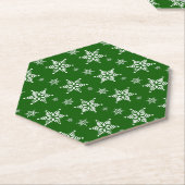 スノーフレーク・パターン、白い雪、雪、緑 ペーパーコースター (アングル)